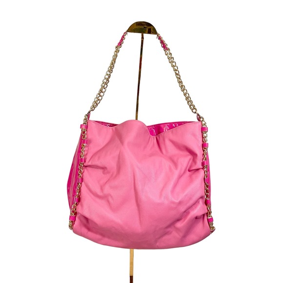 Women's Pink and Golden Chain PVC Strap Shoulder Satchel Bag - Picture 1 of 12